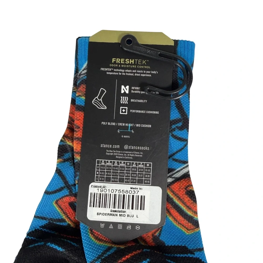 Stance Marvel Spiderman Performance Crew Socks Blue FreshTek Infiknit Large NEW